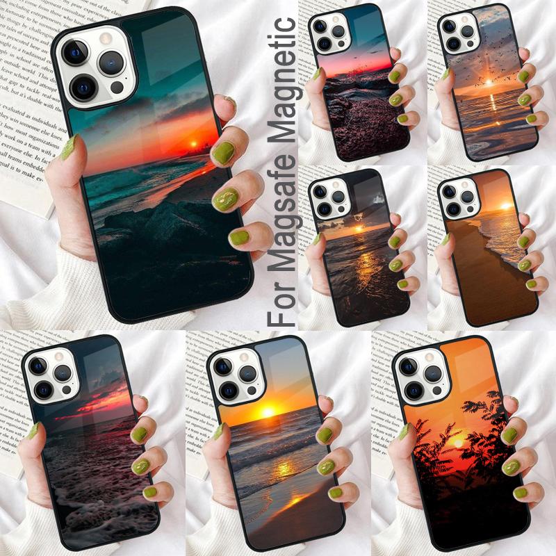 Sunset Silicone Soft Phone Case for iPhone 17 Air 16e Pro max 15 Pro 13 14 Plus 11 12 MagSafe Magnetic Coque