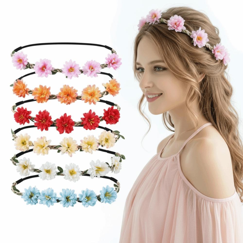 Hand Woven Floral Wreath Crown Adjustable Ribbon Bohemia Garland Headpiece for Photography Props