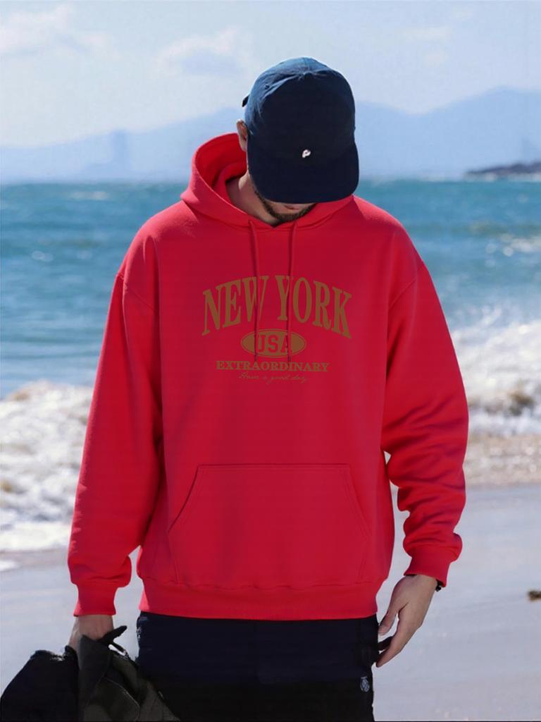 New York Usa Art Letter Printing Men Hoodie Fleece Soft Hoody Casual Multicolor Pullover Male Comfortable Loose Streetwear
