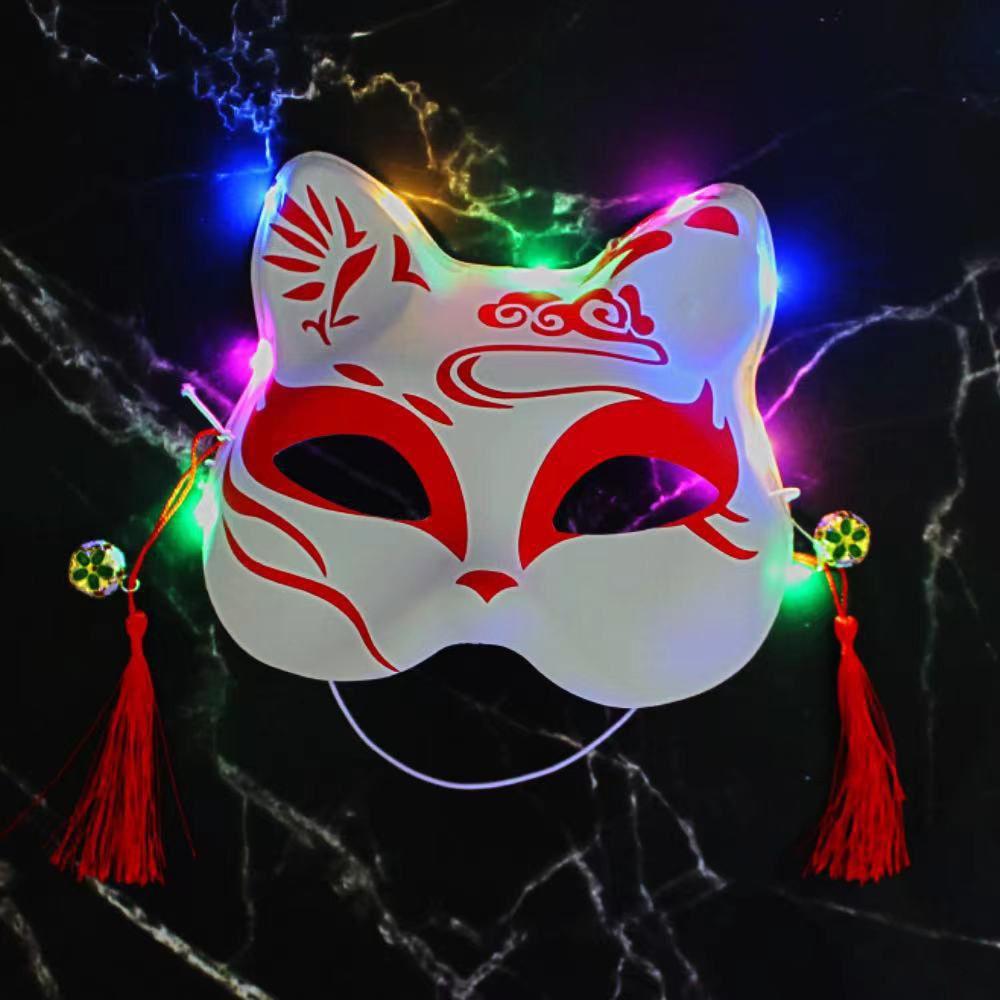 Реквизит Половина лица с колокольчиками Маски Кицунэ Светящиеся маски Костюм Вечеринка Маска Кошка Маска Косплей Реквизит