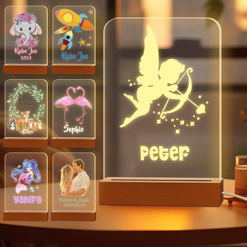 Персонализированный ночник для детей, выгравированное имя, акриловые светодиодные лампы с деревянной основой для детской спальни, декоративный ночник, индивидуальный день рождения
