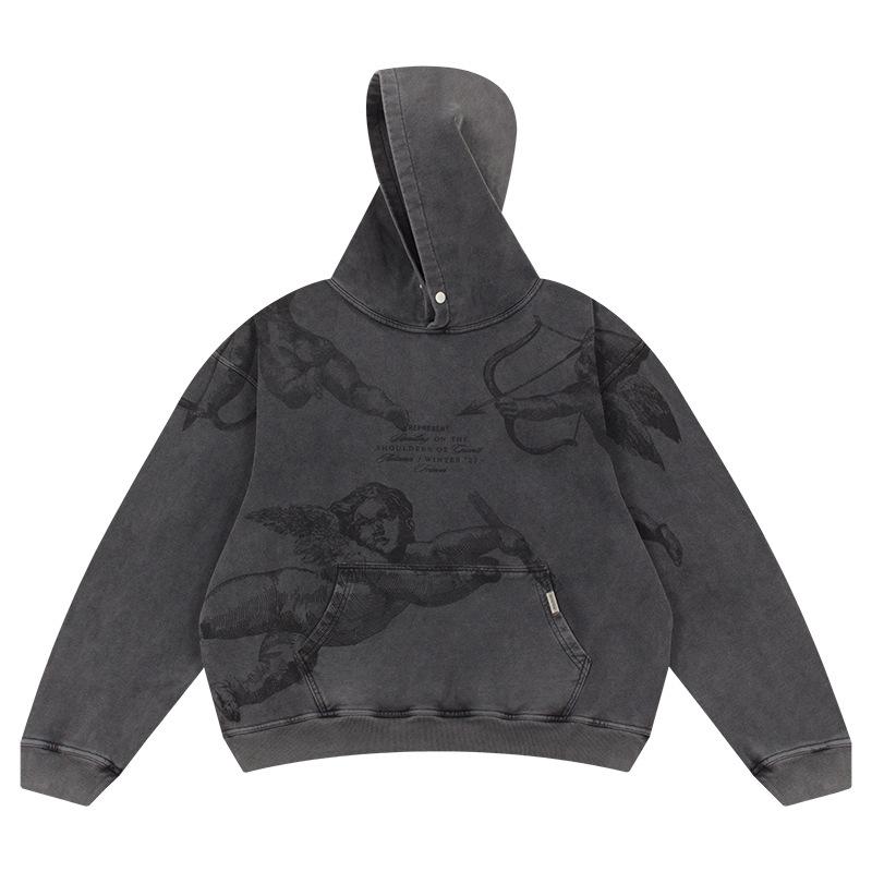 EastRogue Толстовка свободного кроя с принтом ангела Купидона, уличная, вываренная и состаренная, из чистого хлопка, для мужчин и женщин