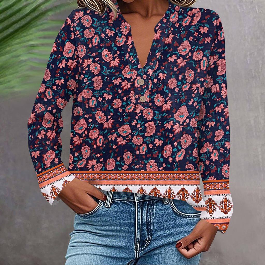 Women's Fashionable And Casual Shirt Long Sleeve V-neck Button Printed Blouse Top