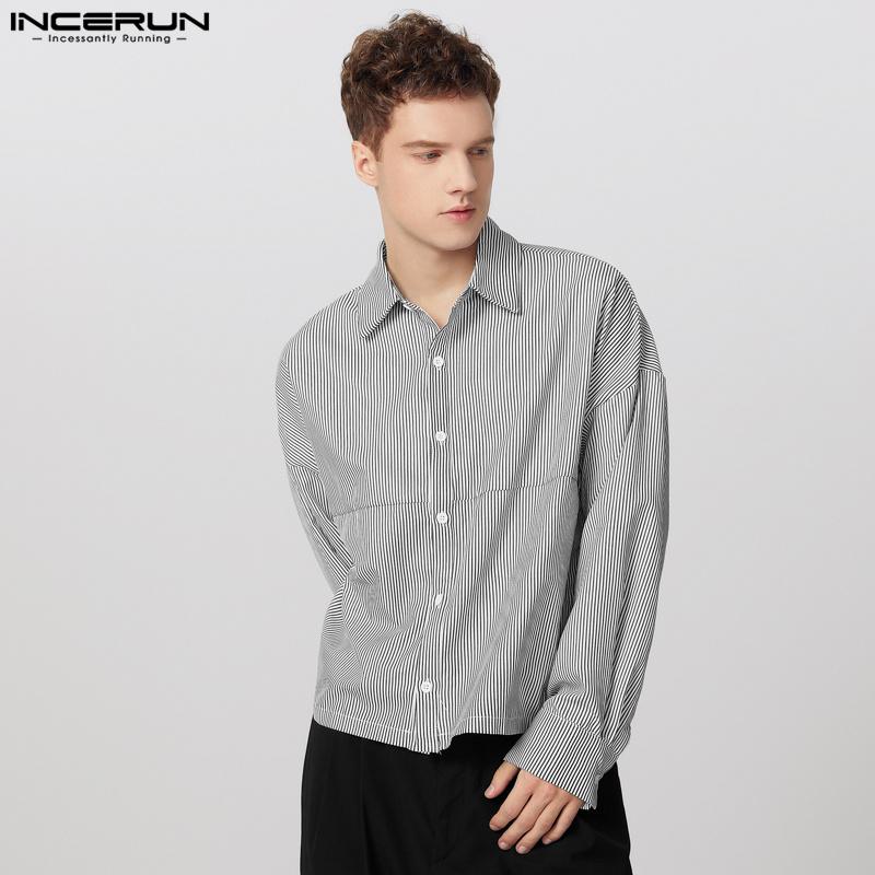 INCERUN Мужские рубашки с лацканами, длинными рукавами, в полоску, повседневные, на пуговицах