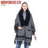 2022 Women Fur Collar Knitted Loose Cape Winter Faux Mink Velvet Warm Poncho Batwing Sleeves Cardigan Knitwear Coat With Pocket