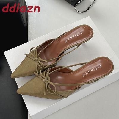 Мода Лето 2025 Новые Женские Шлепанцы Мюли на Низком Каблуке Женские Слайды Модная Обувь с Бантом-Бабочкой Женские Шлепанцы на Каблуке Сандалии Туфли