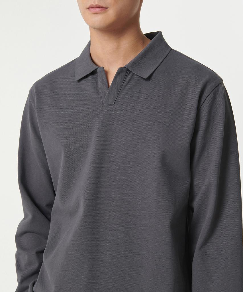MUSINSA STANDARD Slit Neck Long Sleeve Pique Polo Shirt [Gunmetal]