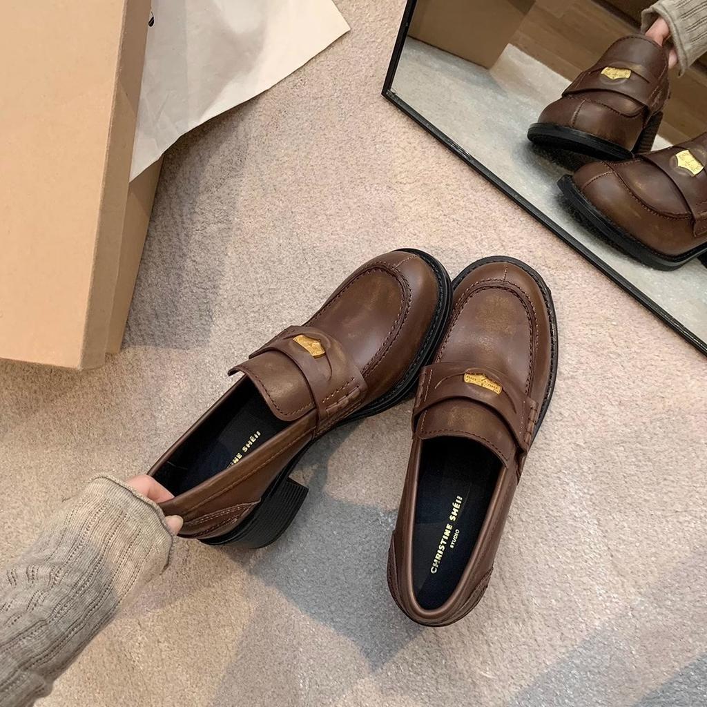 Версия из коровьей кожи~ Чжан Юаньин натуральная кожа полированные ретро монетки miu толстый каблук ленивые лоферы одинарная обувь женские маленькие кожаные туфли