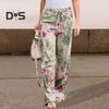 Женские брюки, эластичные, с высокой талией, на шнуровке, свободные, длинные брюки в стиле ретро с цветочным принтом, прямые, широкие брюки