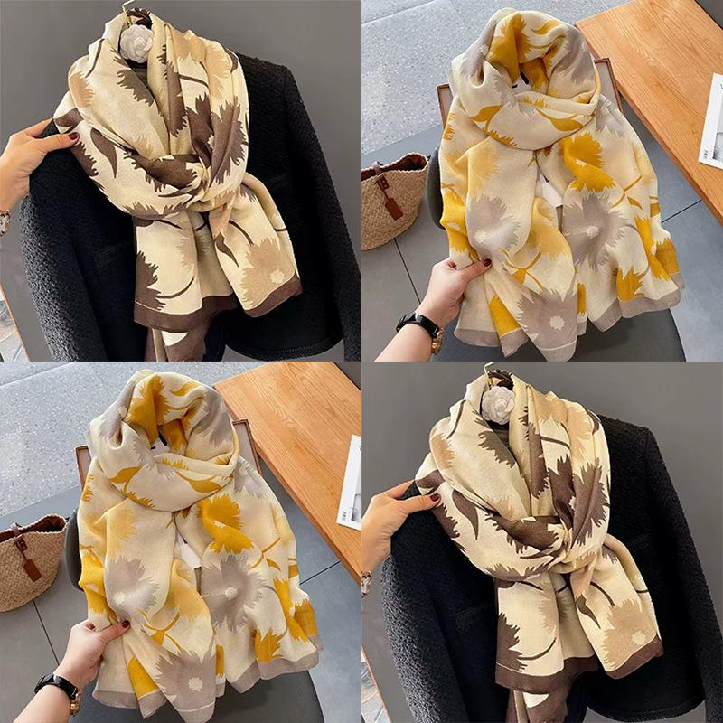 Korean Style Floral Cotton Linen Scarf - Versatile Autumn/Winter Shawl for Women