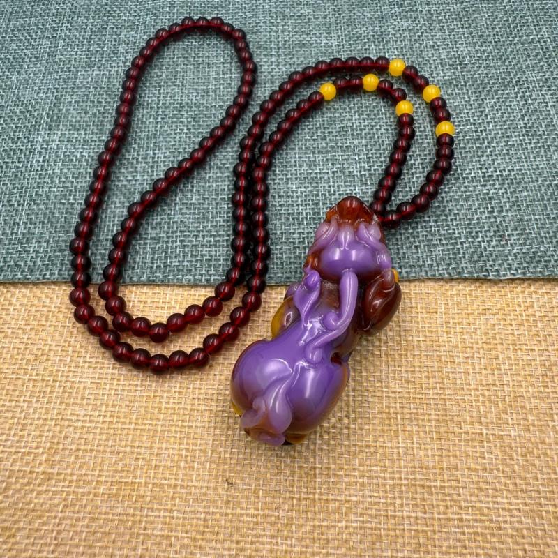 Chinese Style Purple Hand Carved Pixiu Gourd Pendant Necklace Long Sweater Chain Winter Women Jewelry Mother'S Day Gift