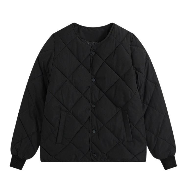 Short women's round neck light cotton clothes, new long-sleeved collarless rhombus cotton clothes, autumn and winter coats