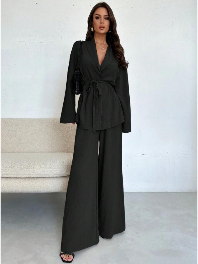 2025 Осень/Зима Элегантный женский комплект с V-образным вырезом и длинными рукавами, широкие брюки