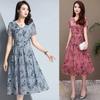 Fashion Women Casual Floral Printed V-Neck Short Sleeve A-Line Dress Long Dress