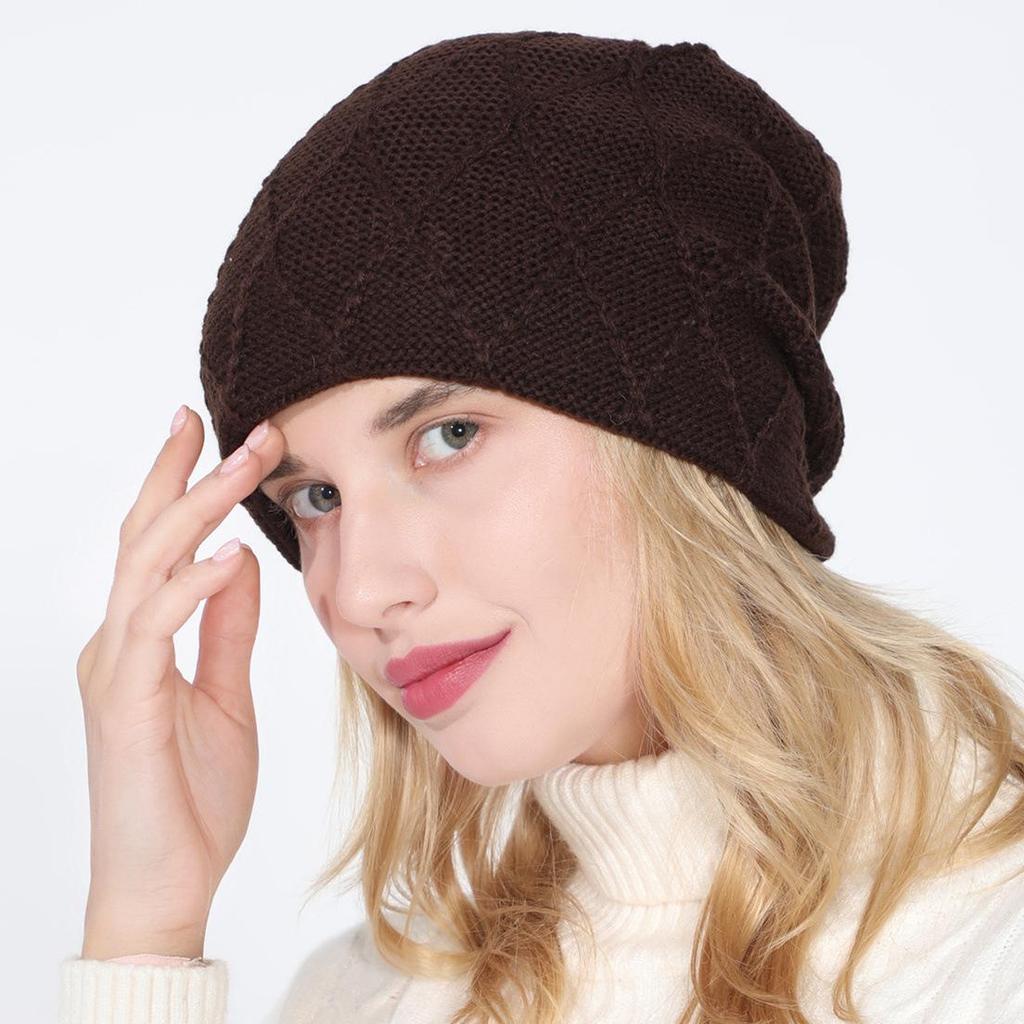 New Women's Knitted Pullover Hat Solid Color Mesh Diamond Plush Wool Cap Autumn Winter Ear Protection Pile Cap