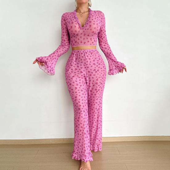 Женский пижамный комплект на День святого Валентина, сексуальный, с принтом сердечек, с оборкой по низу, 2 предмета, для отдыха