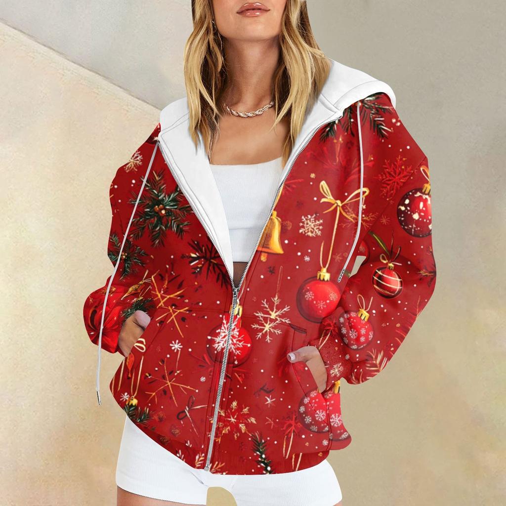 Женская мода повседневная рождественская принтовая толстовка зимняя с длинным рукавом кардиган куртка с карманом на молнии толстовка с капюшоном куртка