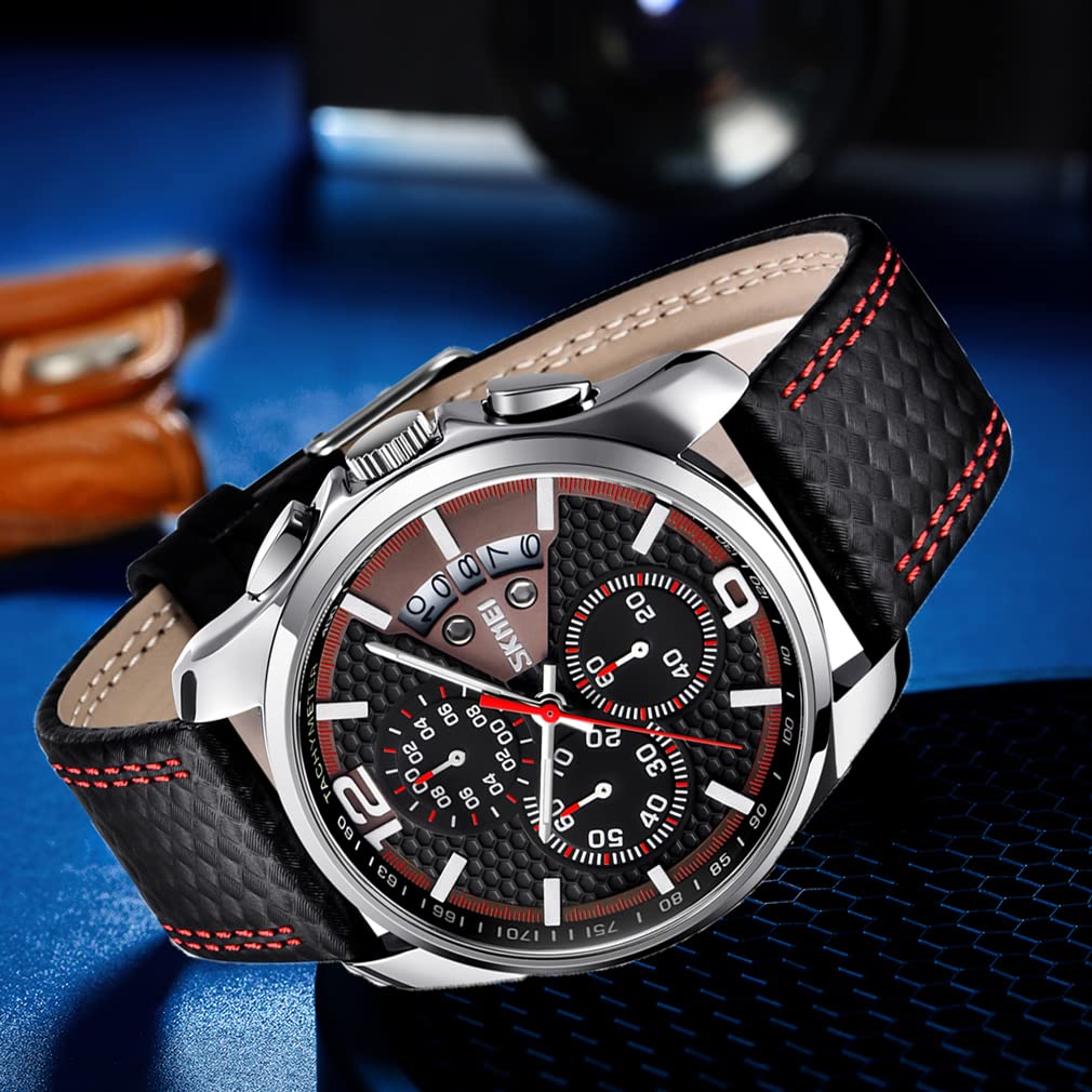 Черный кожаный ремешок водонепроницаемые наручные часы стильный повседневный хронограф большой циферблат брендовые аналоговые деловые часы роскошные подарочные часы для мужчин SKMEI мужские