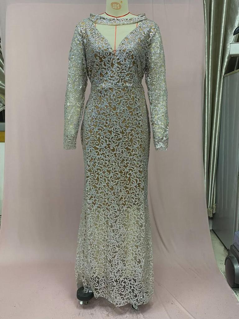 2025 Осень/Зима Европейское и Американское Вечернее Платье с V-образным вырезом и длинными рукавами