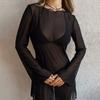 Women's Sexy Sheer Mesh Swimsuit Cover Up Round Neck Long Bell Sleeves Beach Bodycon Mini Dress Summer Bikini Cover-up