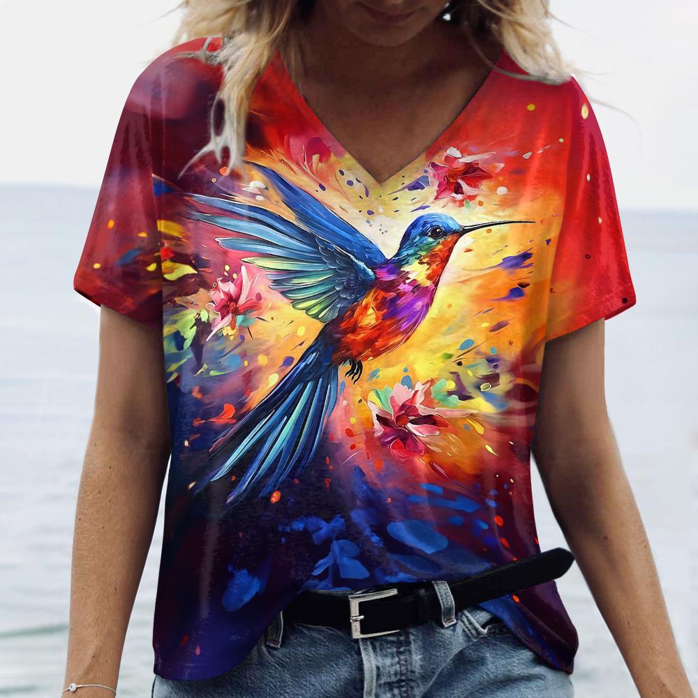 Женская летняя футболка с коротким рукавом, свободная одежда больших размеров, топы с v-образным вырезом, топы с принтом животных и птиц, женские повседневные футболки, одежда 2024