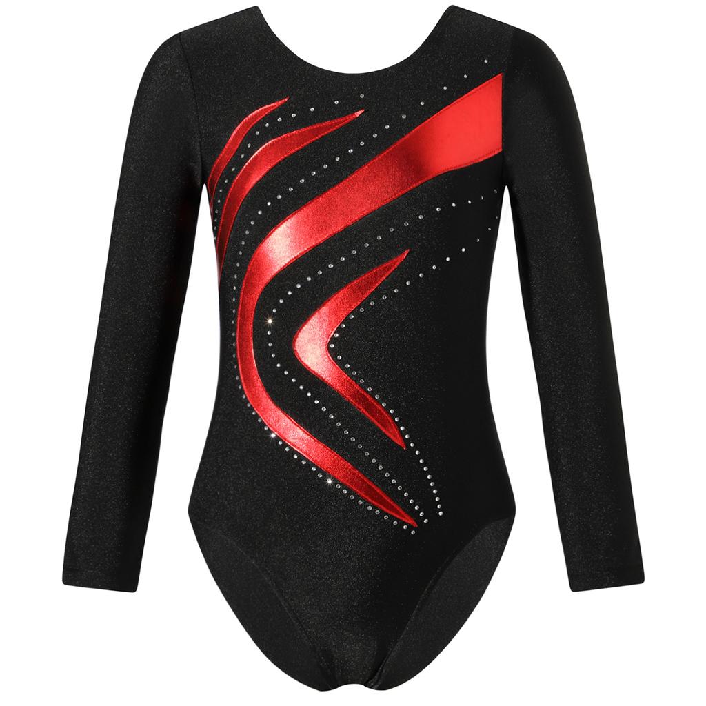 Детский купальник для девочек со стразами, длинный рукав, круглый вырез, бронзовая ткань, лоскутное выступление, одежда