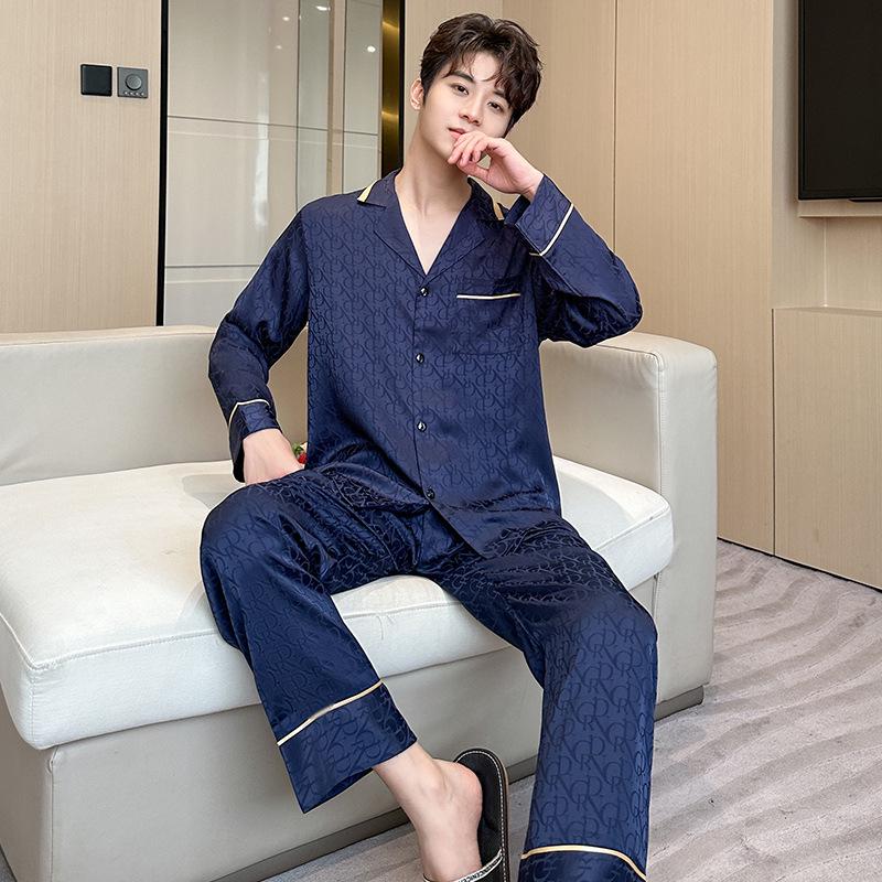 R Full Version Light Luxury Jacquard Silk Couple Pajamas - Autumn/Winter Long Sleeve French Homewear