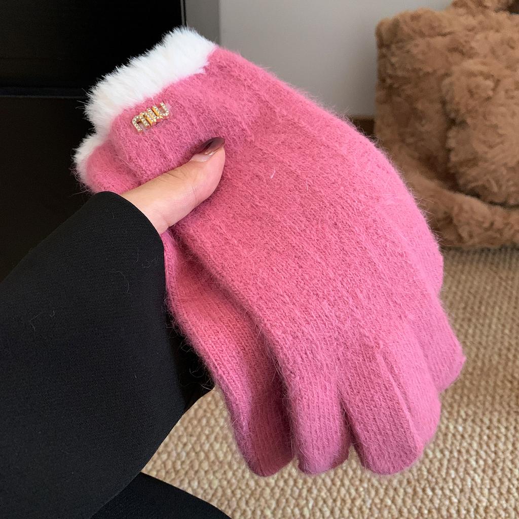 Мягкие Восковые Кроличьи Меховые Серые Вязаные Шерстяные Пятипалые Утепленные Теплые Перчатки для Женской Зимней Велосипедной Езды Холодо- и Ветрозащитные Пушистые