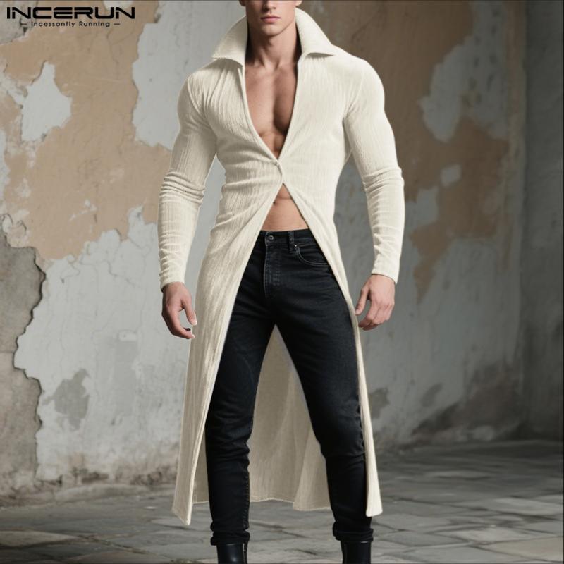 INCERUN Men Autumn Winter Long Sleeve One Button Casual Split Texture Long Tunic Tops Cardigan
