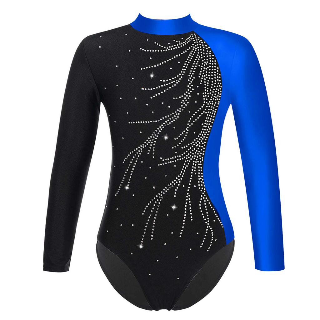 Girls Mock Neck Long Sleeve Ballet Leotard Shiny Faux Diamonds Adorned Keyhole Back Ice Skating Jumpsuit