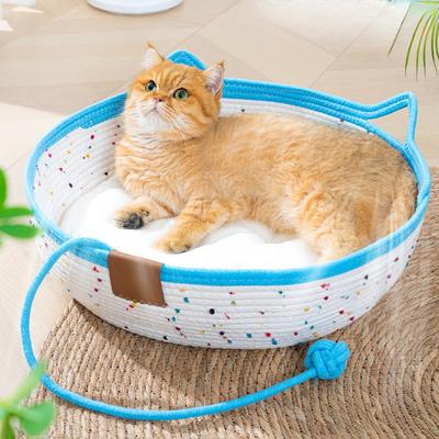 Кошачье гнездо на все сезоны, плетеное из лозы, кошачье гнездо, моющееся, летняя кошачья кровать с мультяшными ушками, ручка, аксессуары для домашних животных