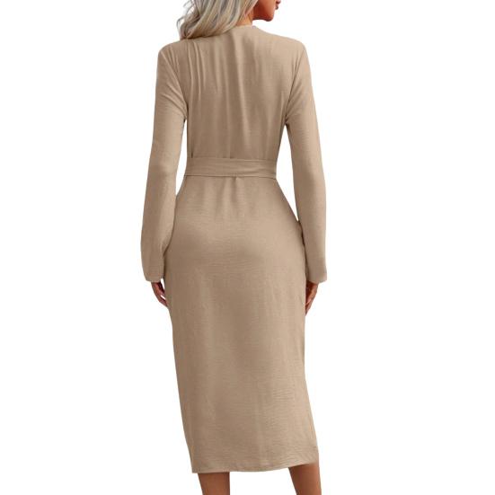 Lady Commuting Dress Turn-down Collar V Neck Lace-up Belted Waist Dress Single-breasted Long Sleeves with Cufflink Split Hem OL Office Midi Dress