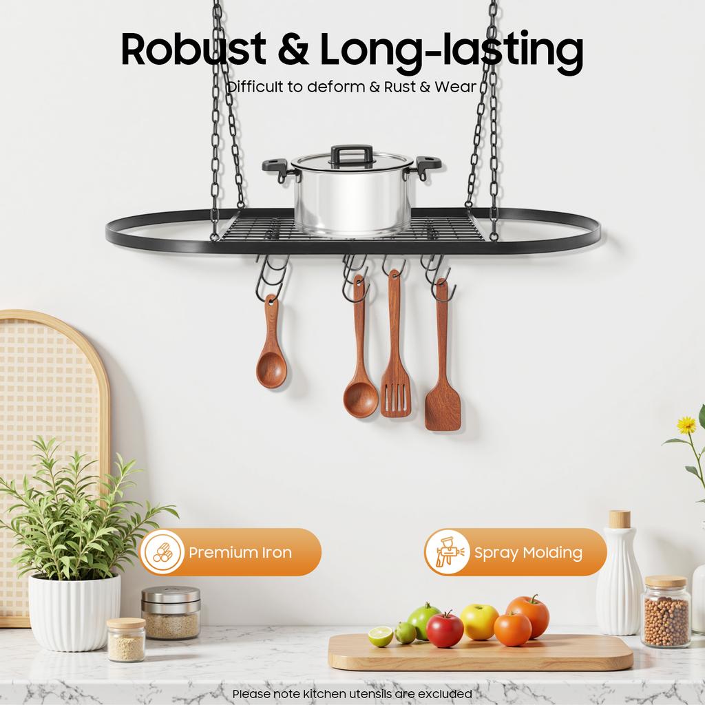Потолочная подвесная полка 10 крючков, кухонный органайзер с сетчатой полкой, прочная железная конструкция для хранения кастрюль, сковородок, утвари, экономия места в небольшом помещении