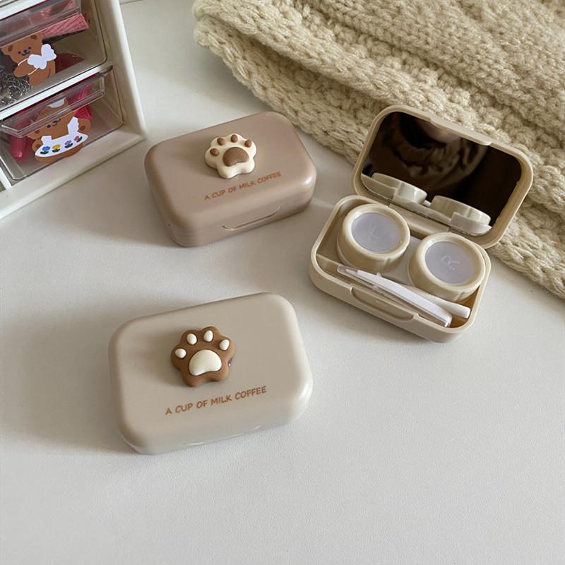 Women Portable Travel Set Color Contact Lenses Storage Box Milk Tea Frosted Lens Container Small Cat Paw Contact Lens Case