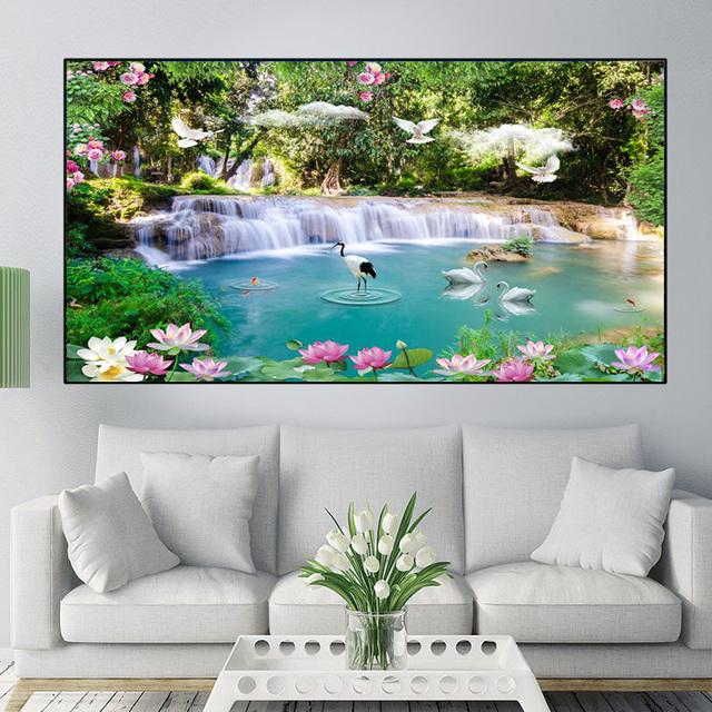 Abstract Swan Waterfall Lotus Canvas Painting Modern Landscape Posters and Prints Wall Pictures Living Room Home Decor No Frame