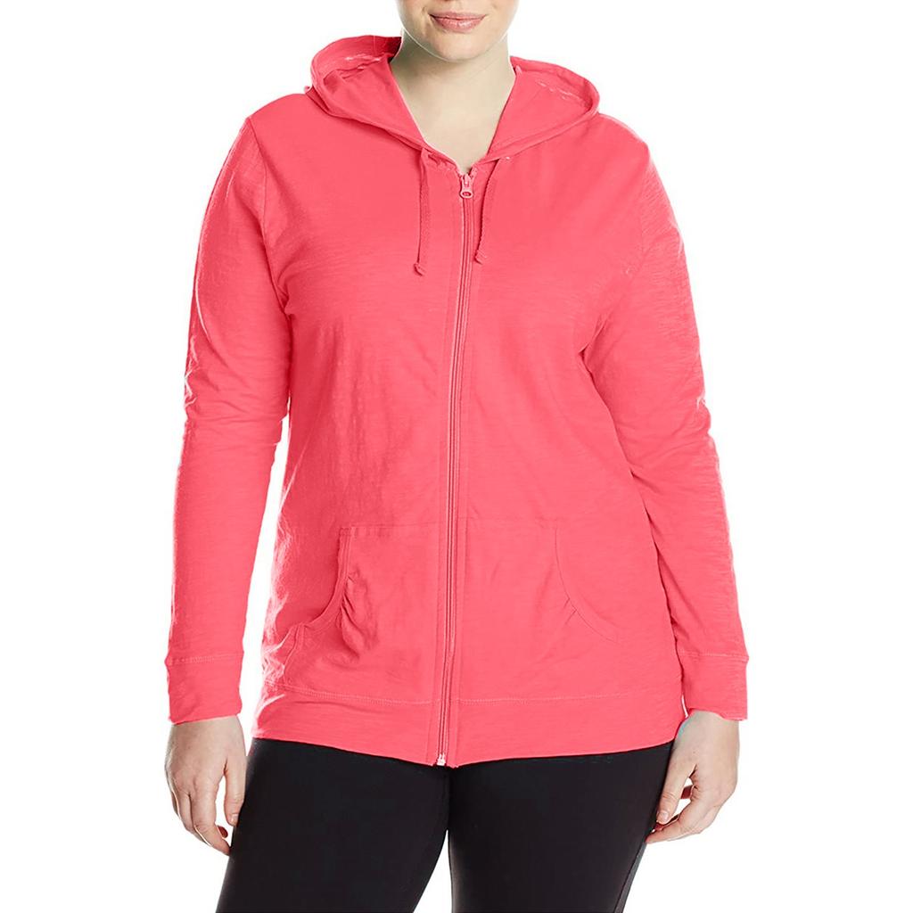 Women's Casual Solid Color Long Sleeve Loose Full Zip-Jersey Hoodie Tops Plus