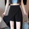 Women's Black Irregular A-Line Slit Skirt – Medium-Long, Anti-Exposure, Perfect for Spring and Summer
