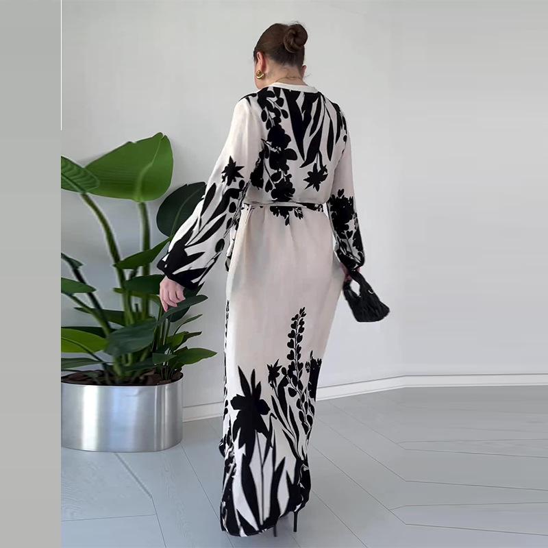 2024 Осень Женское Повседневное Платье с Цветными Блоками, Кружевной Шнуровкой на Талии и Длинным Рукавом