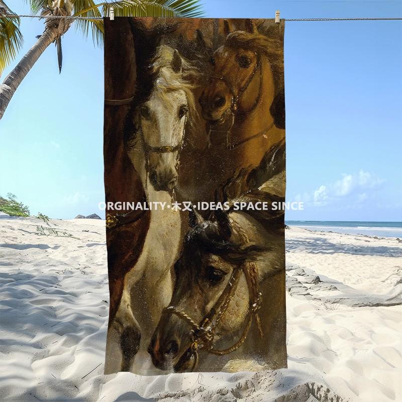 Vintage Oil Painting Horse Beach Towel Patterned Sunscreen And Windproof Suitable For Swimming Pool Camping Travel