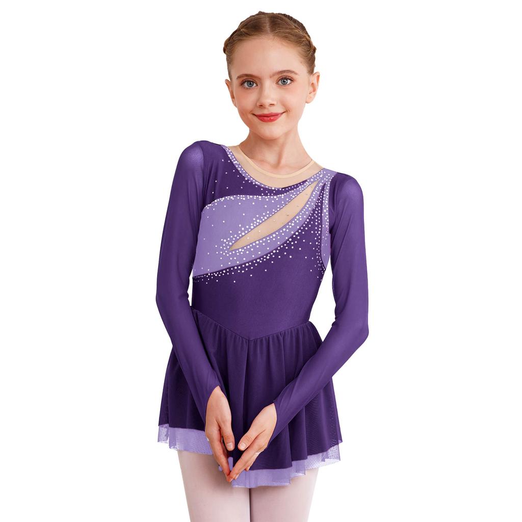 Kids Girls Sparkly Rhinestone Long Sleeve Figure Ice Skating Dress Ballet Modern Lyrical Dance Costume