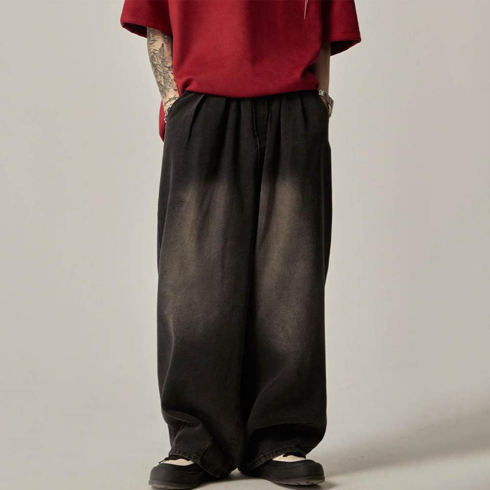 Men Jeans Elastic Waist Drawstring Wide-Leg Jeans Street Style Distressed Design Draped Denim Trousers