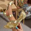 Сексуальные женские золотые туфли на очень высоком каблуке с ремешком на щиколотке, лето 2025, туфли для вечеринки и свадьбы на шпильке, женские большие гладиаторские сандалии