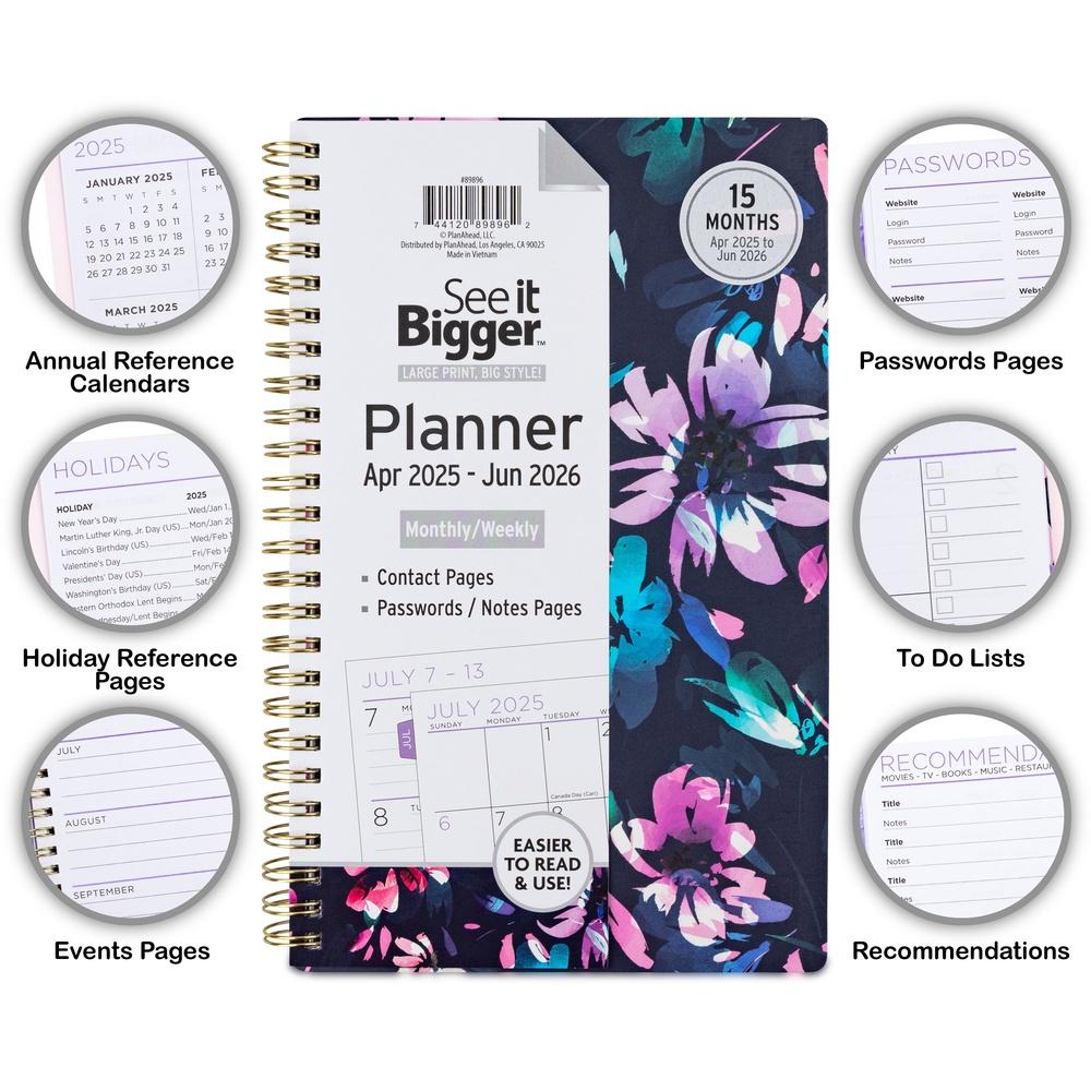 Прочный 15-месячный ежемесячный еженедельный планер Ламинированные вкладки Разворот на 2 страницы Раздел для заметок Контакты Экстренные записи 2025 2026