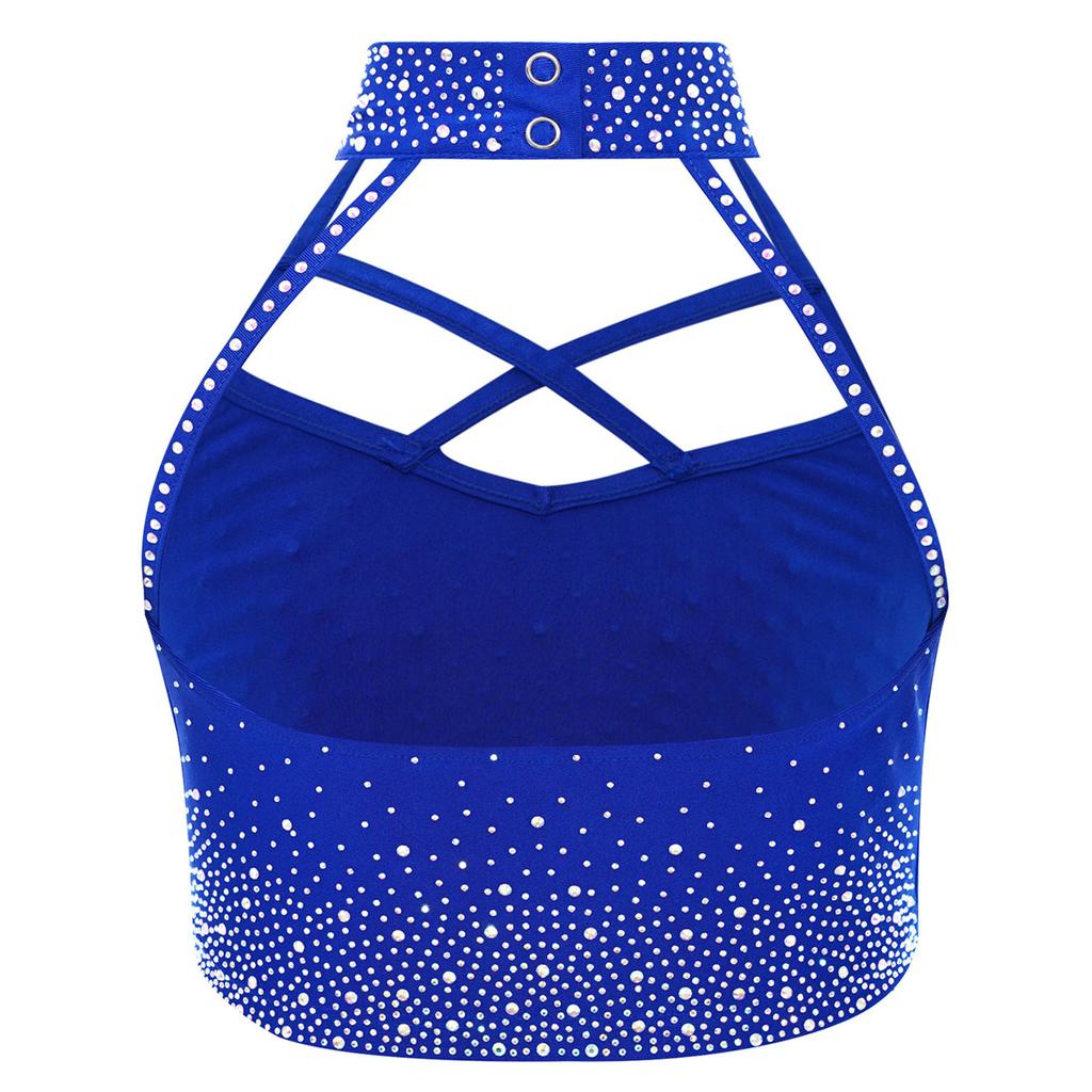 Girls Gymnastics Crop Top Halter Neck with Sparkling Rhinestones Cross Front Backless Dance Performance Costume