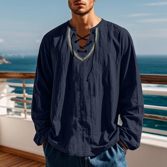 Мужская повседневная рубашка со шнуровкой и V-образным вырезом, свободный крой, длинные рукава, винтажная этническая рубашка в стиле бохо, весна-осень, дышащая хлопковая мужская толстовка, топ