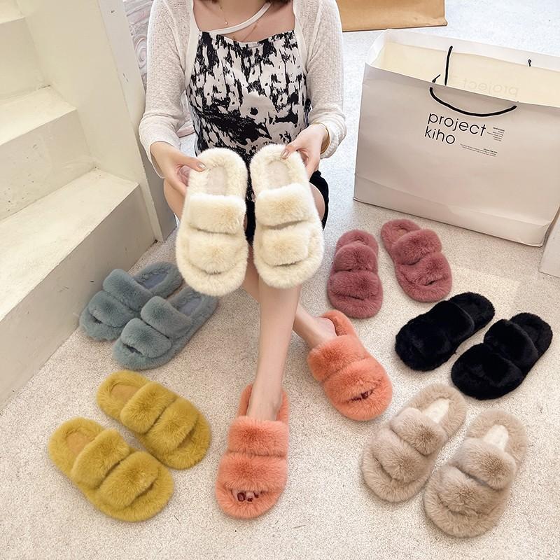 Fashion NEW Design Women Winter House Furry Slippers Women Cross Fluffy Fur Home Slides Flat Indoor Floor Shoes Ladies 2024