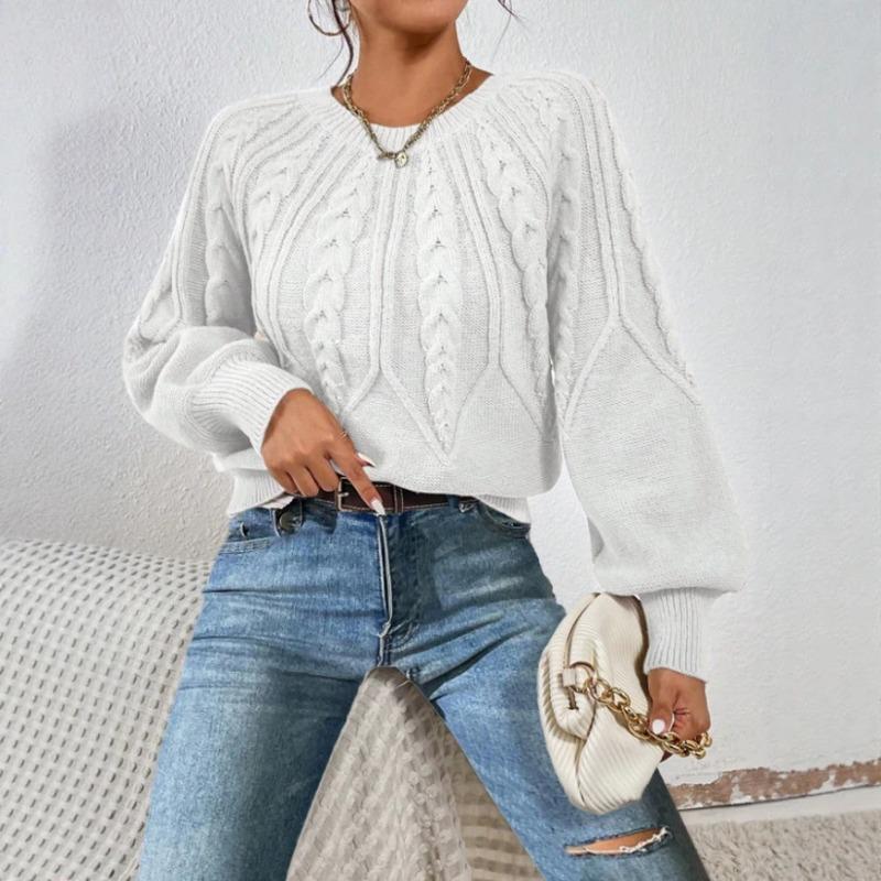 Women S Solid Color Knit Sweater Loose Crew Neck Lantern Sleeve Pullover