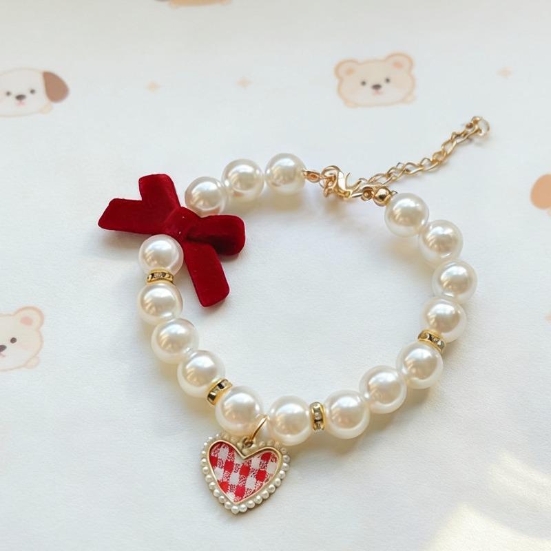 Elegant Pearl Pet Collar Velvet Bow Heart Pendant Adjustable Decorative Necklace For Kitten Small Cats Small Dogs Photo Costume