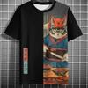 Модная мужская футболка с коротким рукавом в японском стиле, 3D-цифровая печать, графика с изображением кота-самурая, удобная, свободного кроя