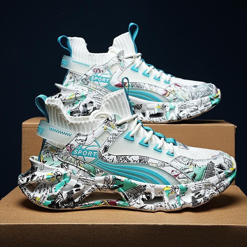 Модная обувь-лезвия большого размера из летучего трикотажа с камуфляжным рисунком, повседневная спортивная обувь, кроссовки, папины кроссовки, мужская обувь